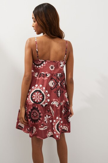 Burgundy Red Aztec Mini Tiered Summer Cotton Dress