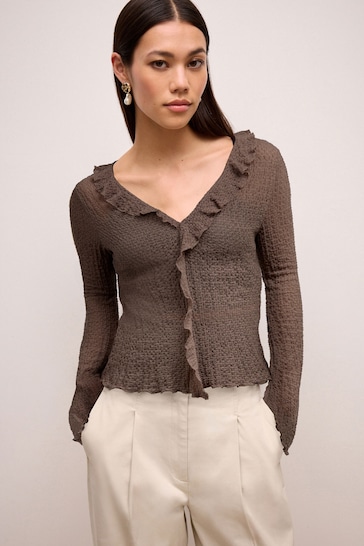 Brown Textured Ruffle Front Top