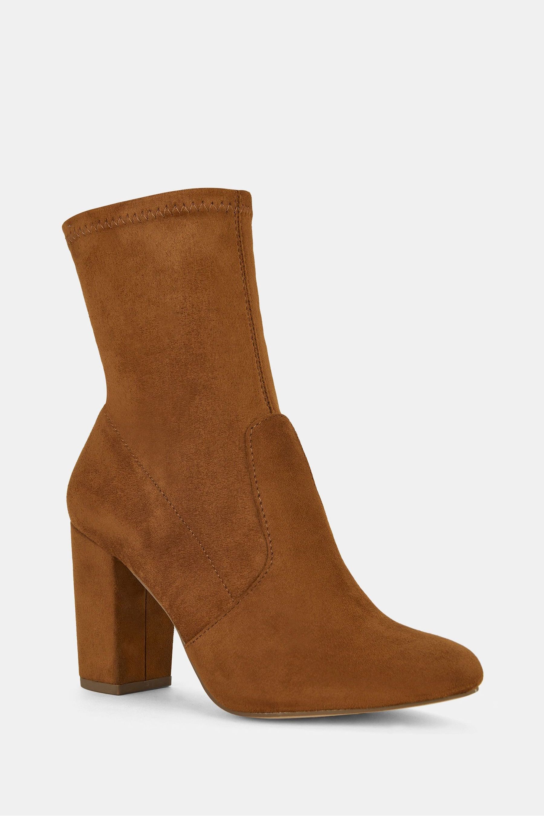 Novo Brown Wide Fit Kellan Block Heel Sock Ankle Boots