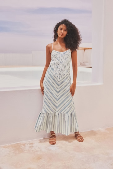 White & Blue Stripe Lace Maxi Summer Dress