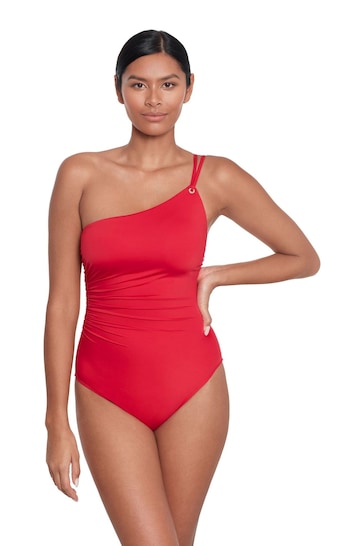 Lauren Ralph Lauren Red Beach Club Solids Double Strap One Shoulder Swimsuit