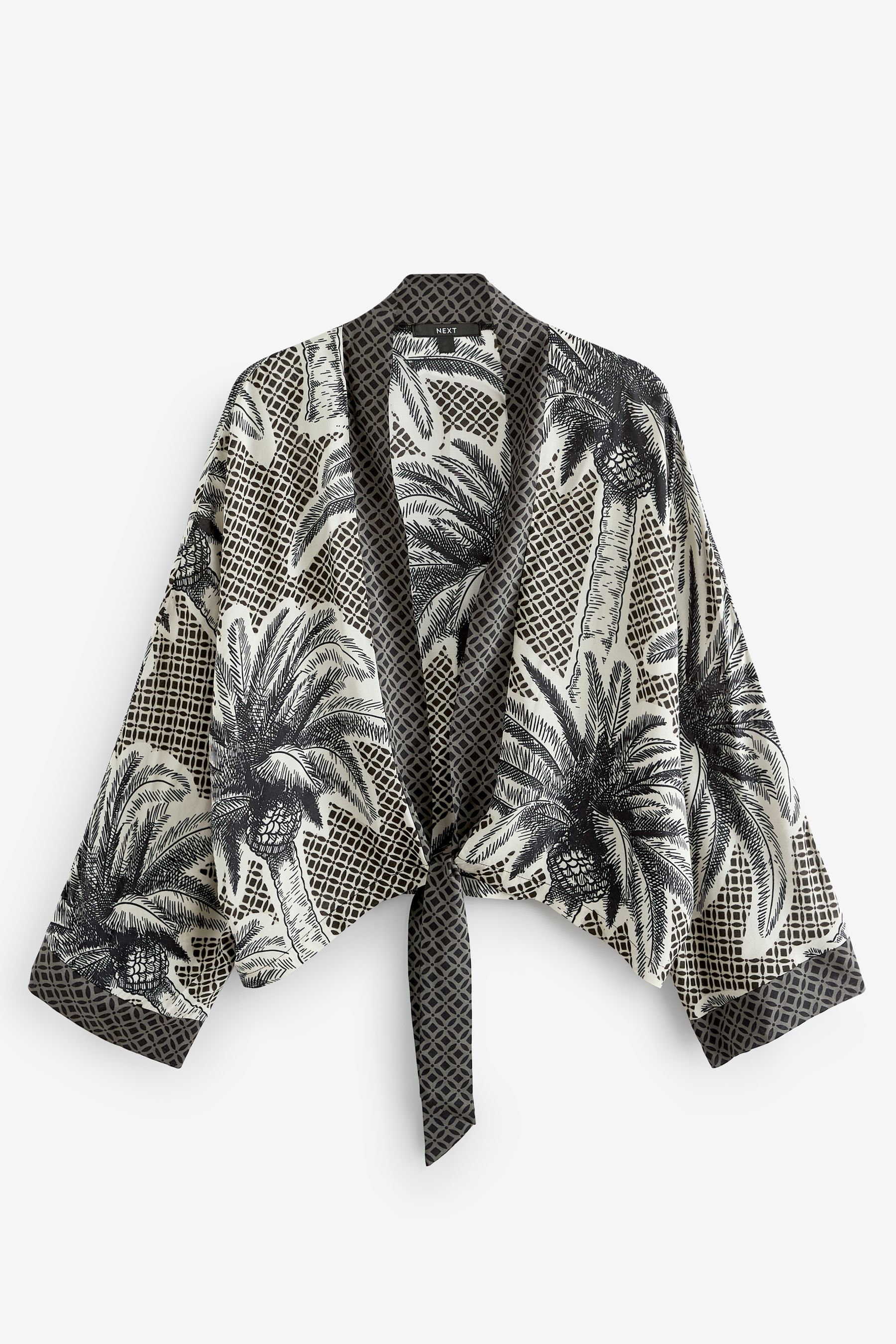 Black White Tie Front Kimono Cover Up
