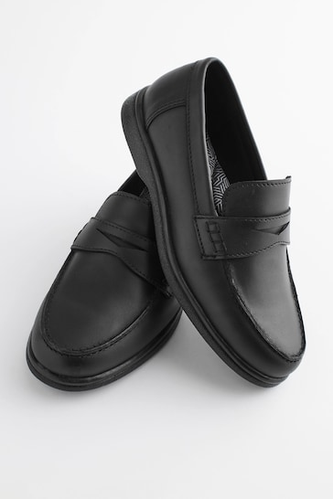 Black Standard Fit (F) School Leather Penny Loafers