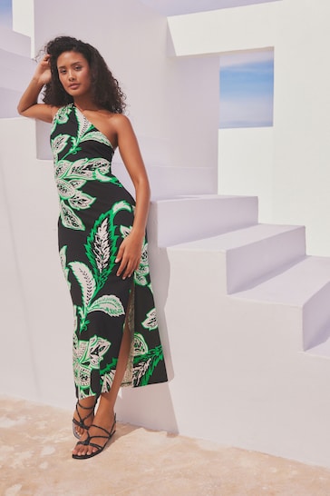 Black/Green Floral One Shoulder Twist Summer Dress