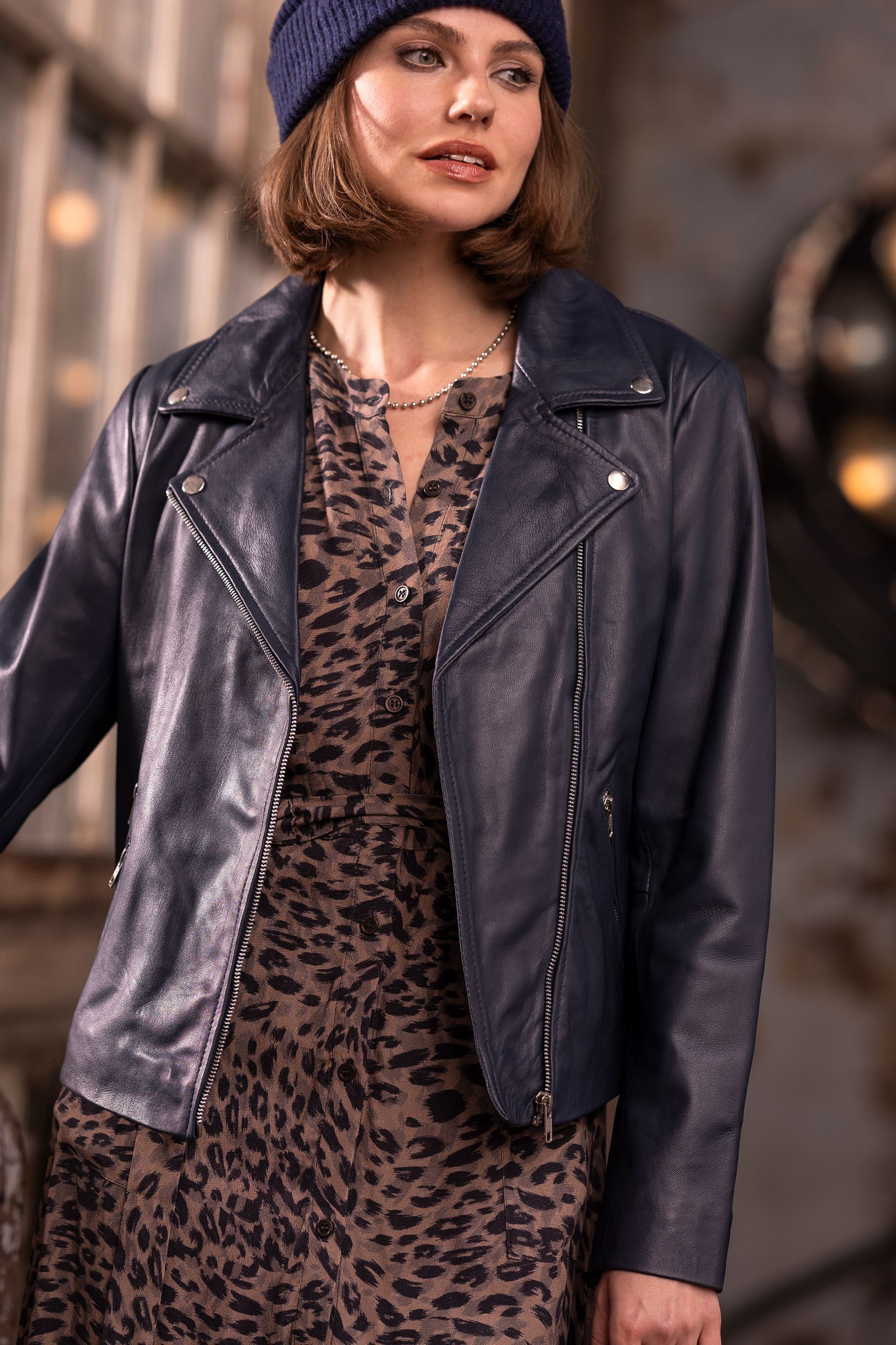 Navy leather sales biker jacket uk