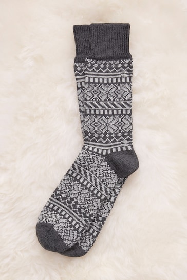 Celtic & Co. Mens Grey Merino Cotton Fairisle Pattern Socks