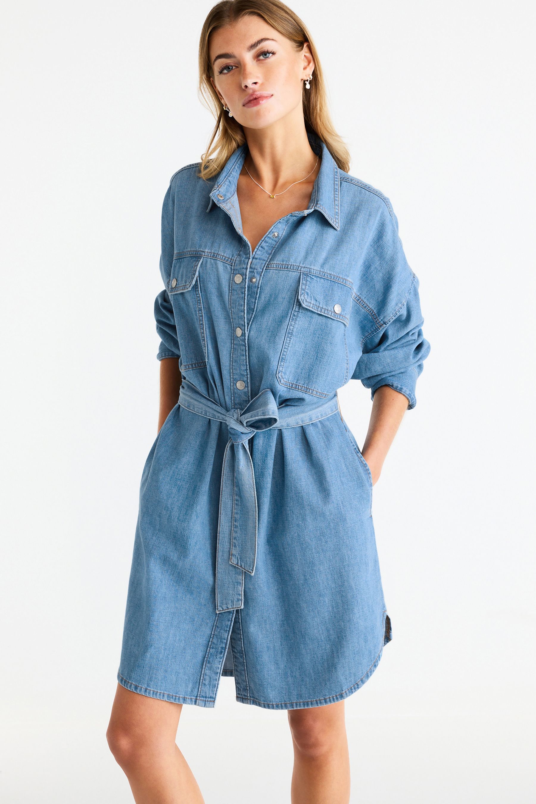 Mid Blue Belted Denim Shirt Dress