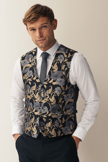 Black/Yellow Gold Floral Occasion Waistcoat