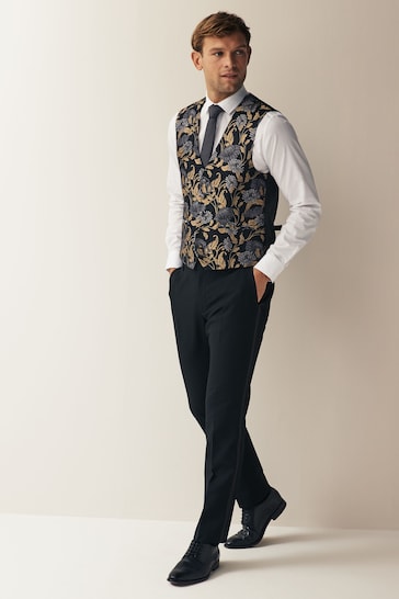 Black/Yellow Gold Floral Occasion Waistcoat