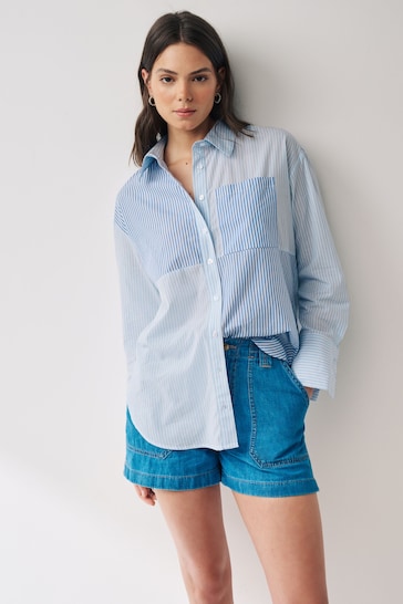 Blue and White Splice Stripe Oversized Cotton Shirt
