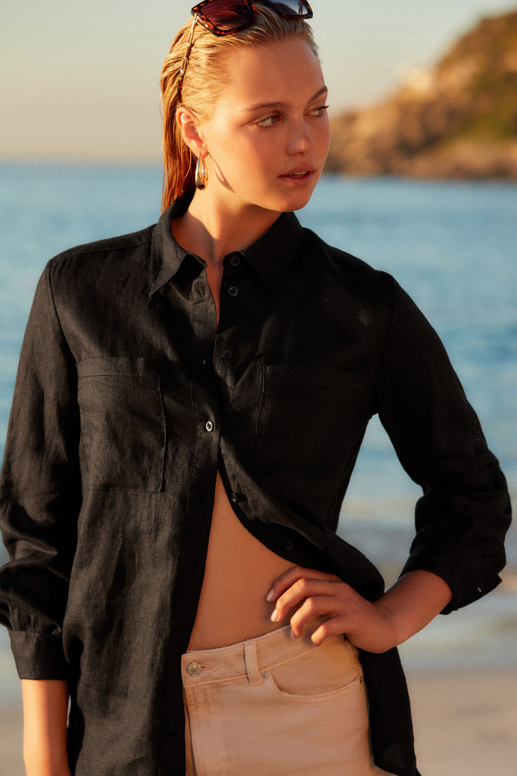 Black 100 Linen Long Sleeve Shirt