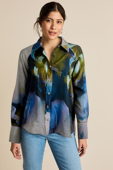 Blue Smudge Blur Print Button Through Shirt With Hardwear Buttons