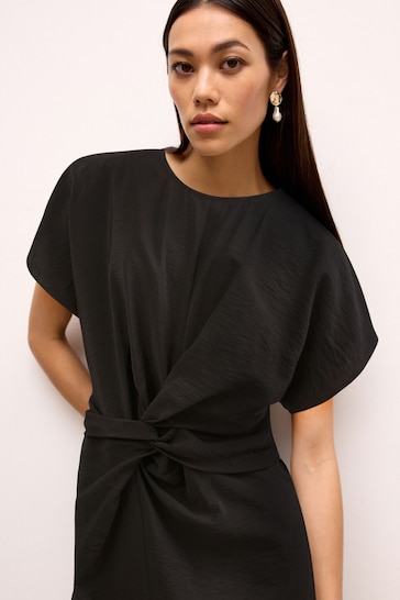 Black Twist Waist Short Sleeve Midi Dress