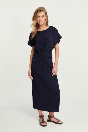 Navy Blue Twist Waist Short Sleeve Midi Dress
