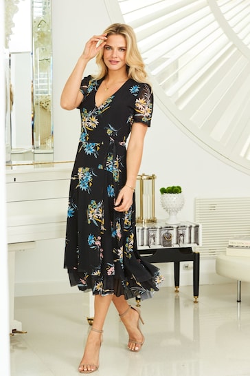 Sosandar Black Floral Print Mesh Wrap Midi Dress