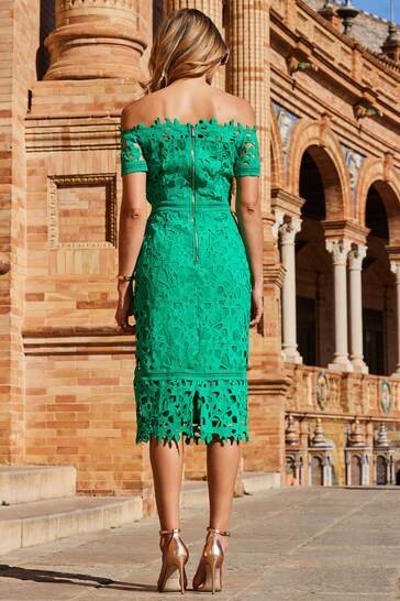 Sosandar Green Petite Bardot Guipure Lace Dress