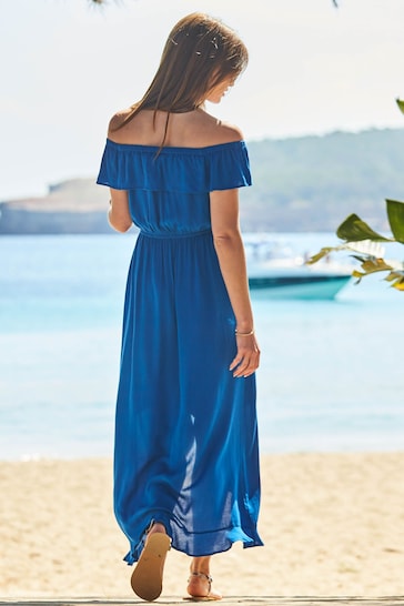 Sosandar Blue Ruffle Detail Bardot Dress