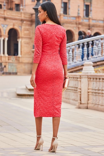 Sosandar Red Lace V-Neck Split Hem Midi Dress
