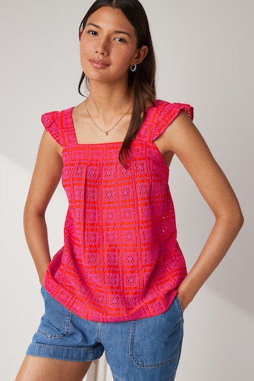 Pink/Orange Broderie Frill Sleeve Embroidered Cami Top