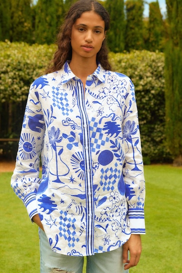 Blue and White Abstract Print 100% Linen Long Sleeve Shirt