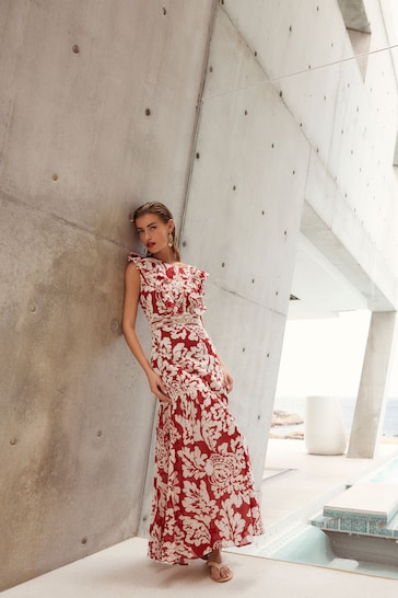 Red/White Sleeveless Ruffle Lace Insert Maxi Dress