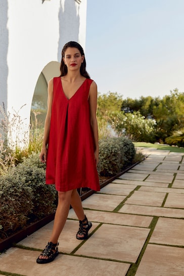 Red Linen Blend V-Neck Summer Mini Dress
