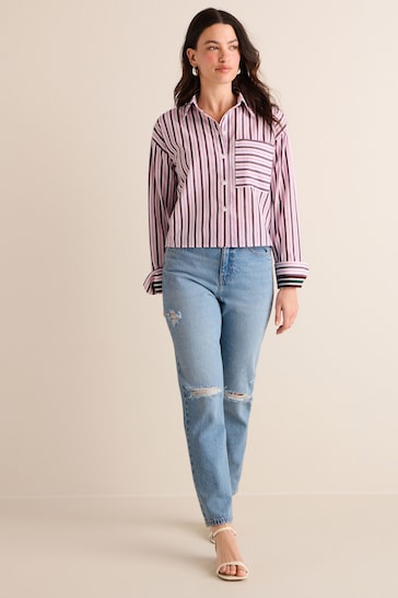 Burgundy Red Stripe Long Sleeve Cotton Cropped Shirt