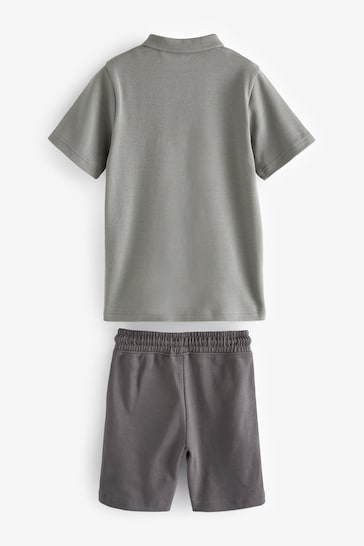 Grey/White Zip Neck Polo Shirt And Shorts Set (3-16yrs)