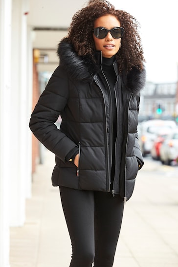 Sosandar Black Faux Fur Trim Luxe Padded Coat