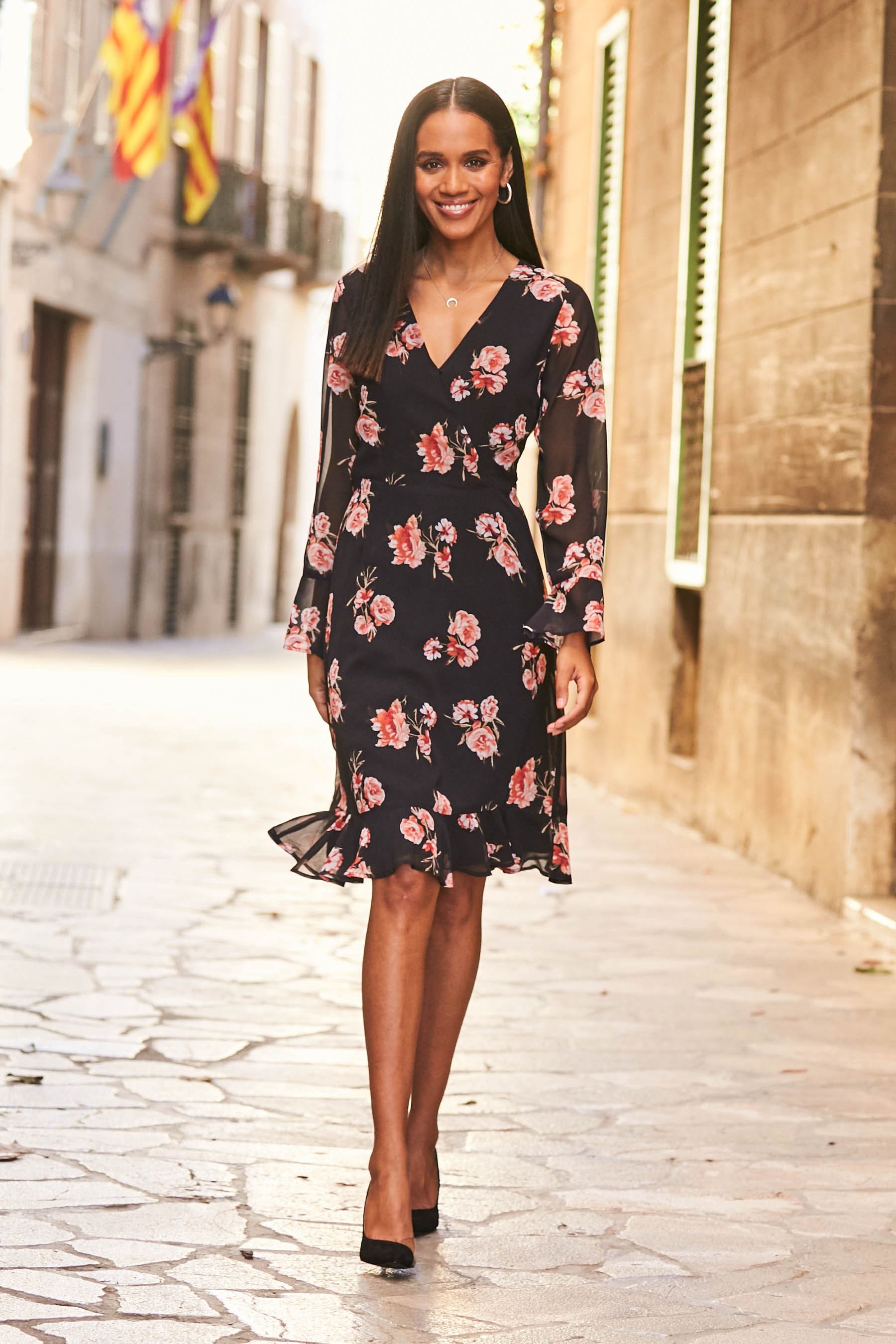 Black floral print wrap dress 2025