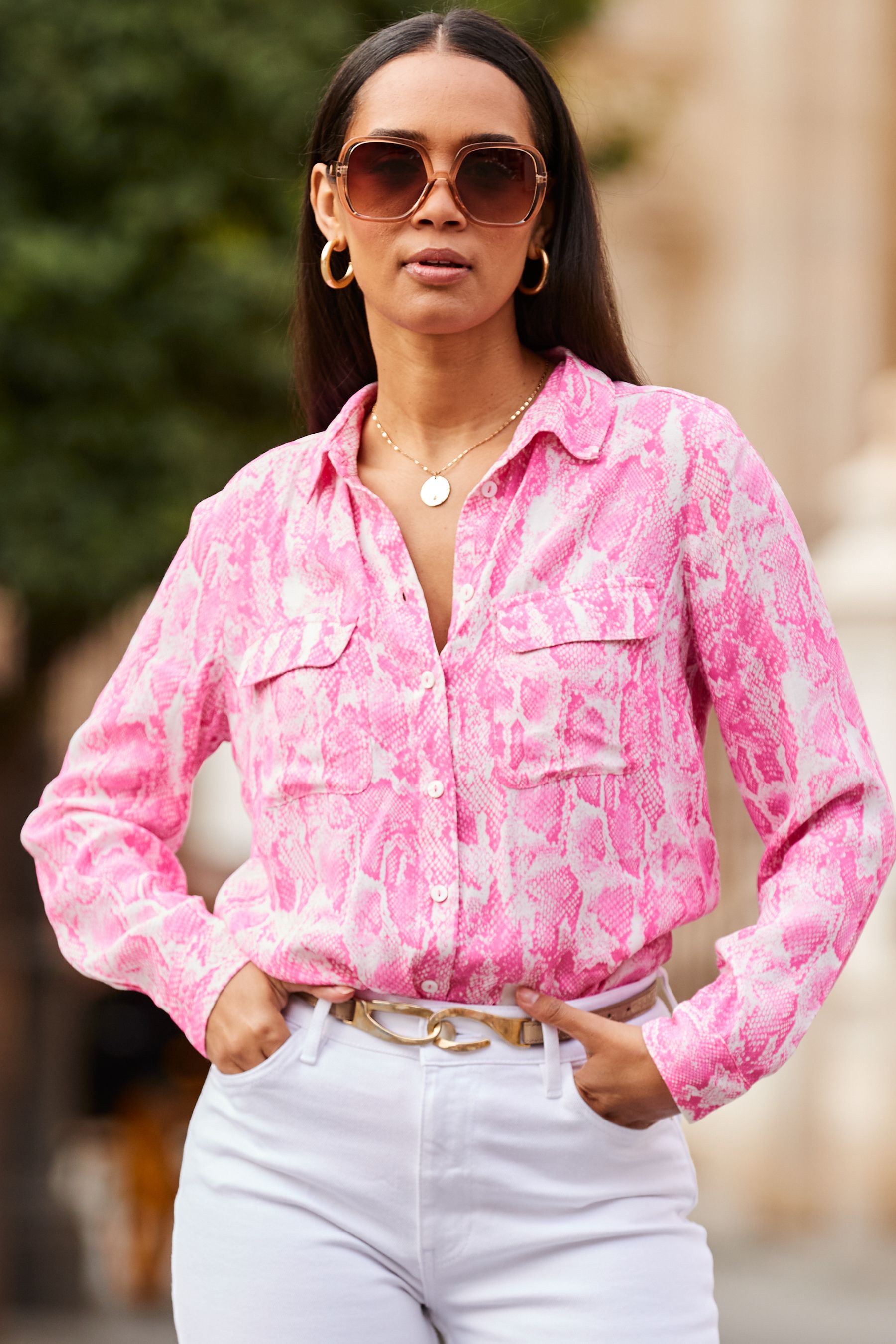Sosandar Pink Animal Print Double Pocket Shirt