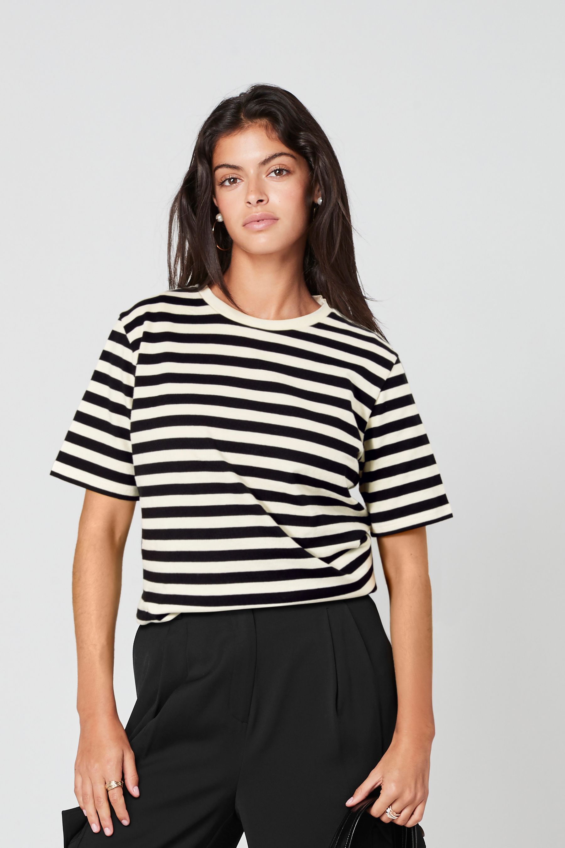 Black Ecru White Stripe Heavyweight Short Sleeve 100 Cotton Crew Neck T Shirt
