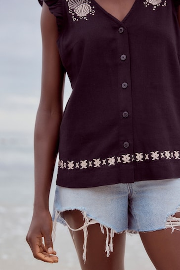 Black Embroidery Linen Blend Ruffle Sleeve Top
