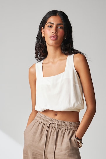 White Summer Square Neck Top with Linen