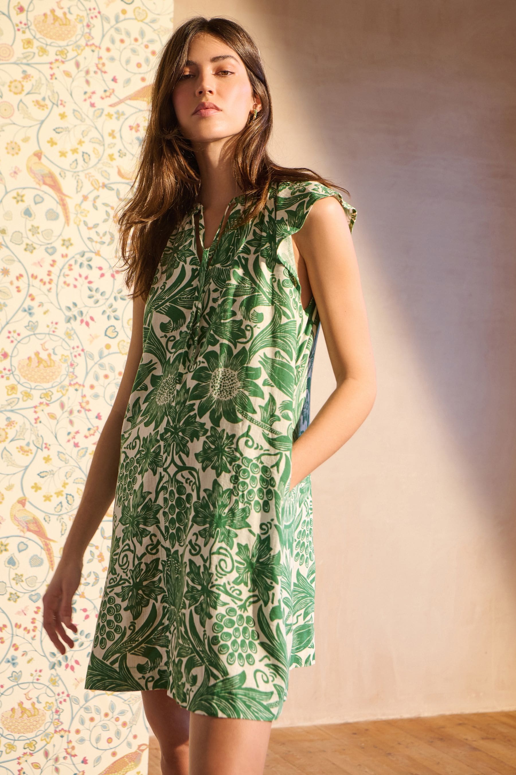 Morris Co. Sunflower Tie Neck Linen Blend Summer Dress
