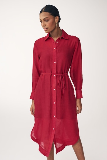 Red TENCEL™ Blend Belted Shirt Dress with Linen