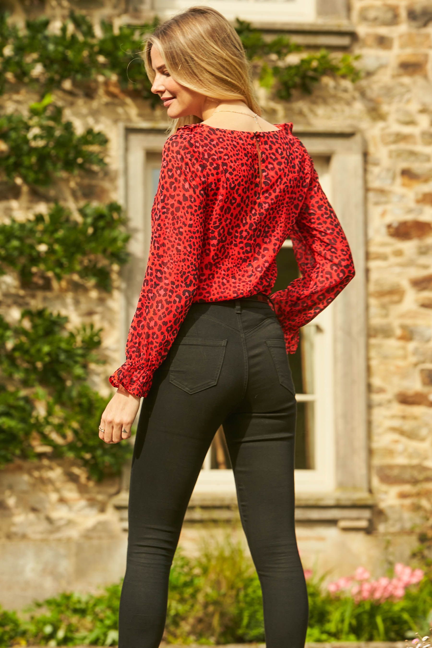 Sosandar Red Leopard Print Ruffle Detail Blouse