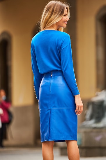 Sosandar Blue Leather Panelled Pencil Skirt