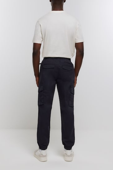 River Island Blue Washed Cargo Hatch Elasticated Joggers