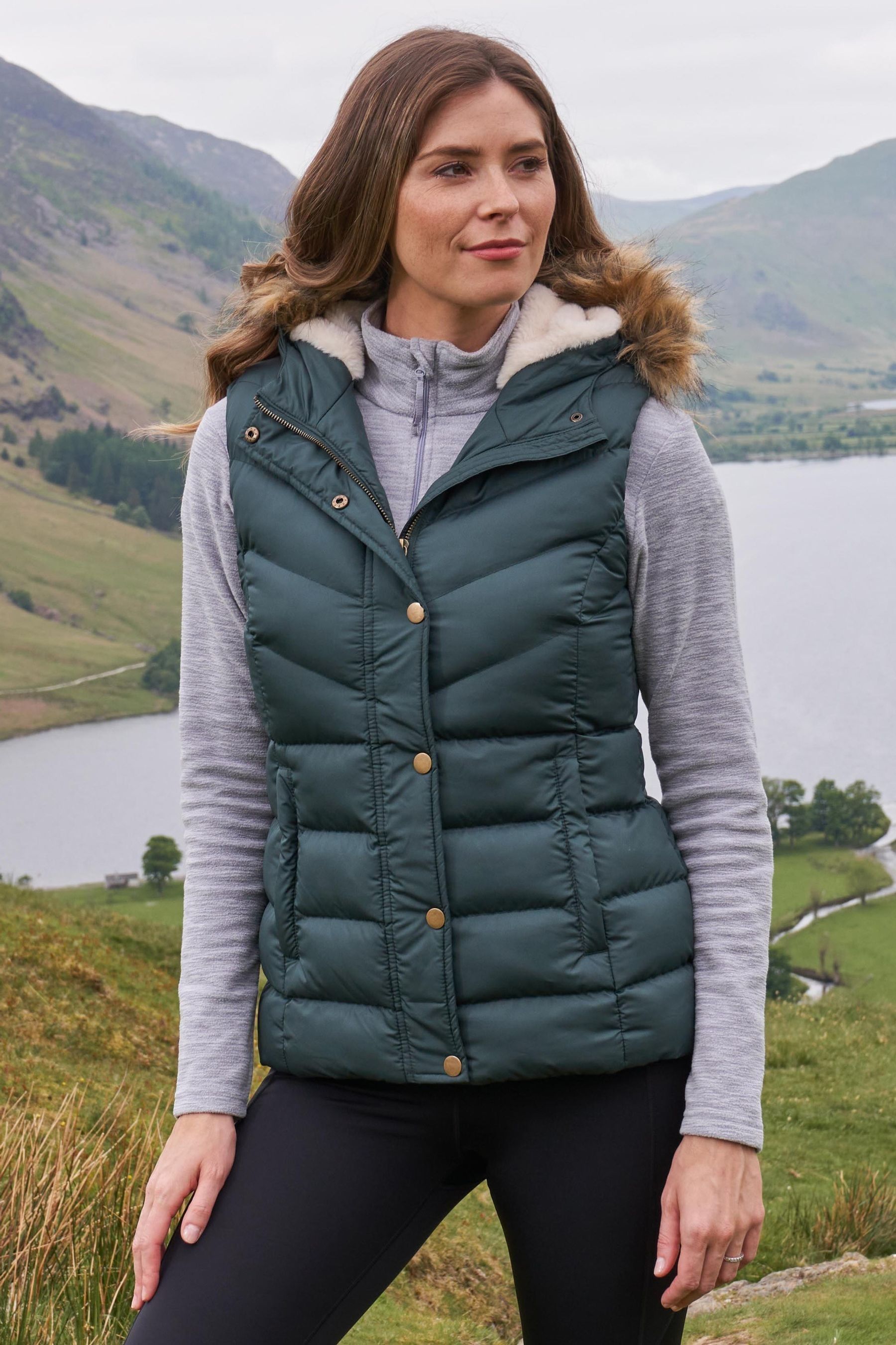Mountain Warehouse Green Womens Dakota Water Resistant Faux Fur Lined Padded Gilet