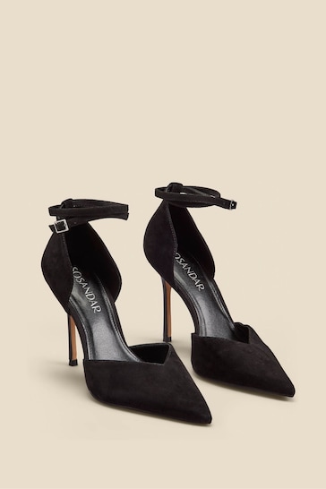 Sosandar Black Leather Ankle Strap Flared Heel Court Shoes