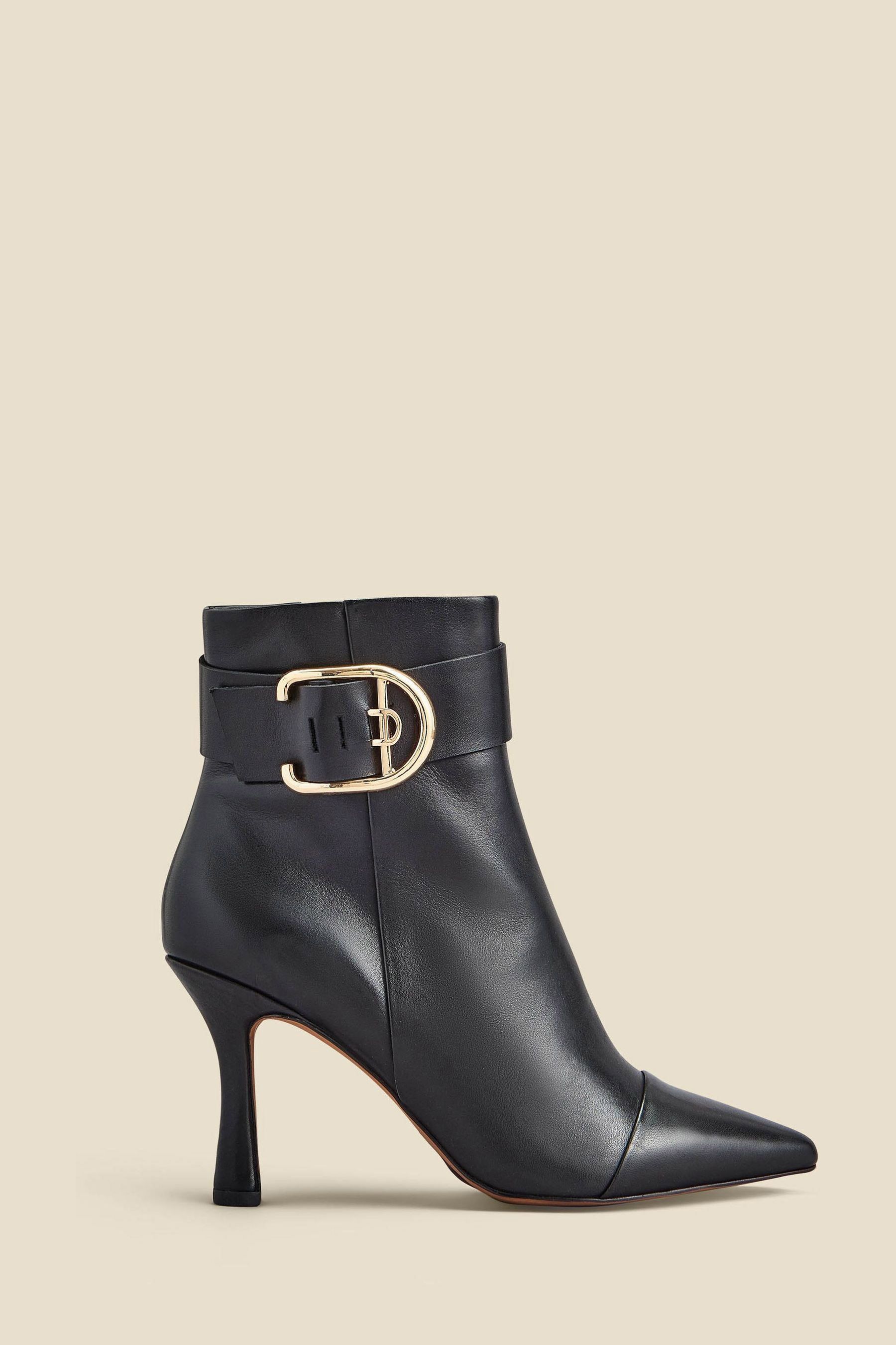Sosandar Black Leather Buckle Detail Flared Heel Ankle Boots