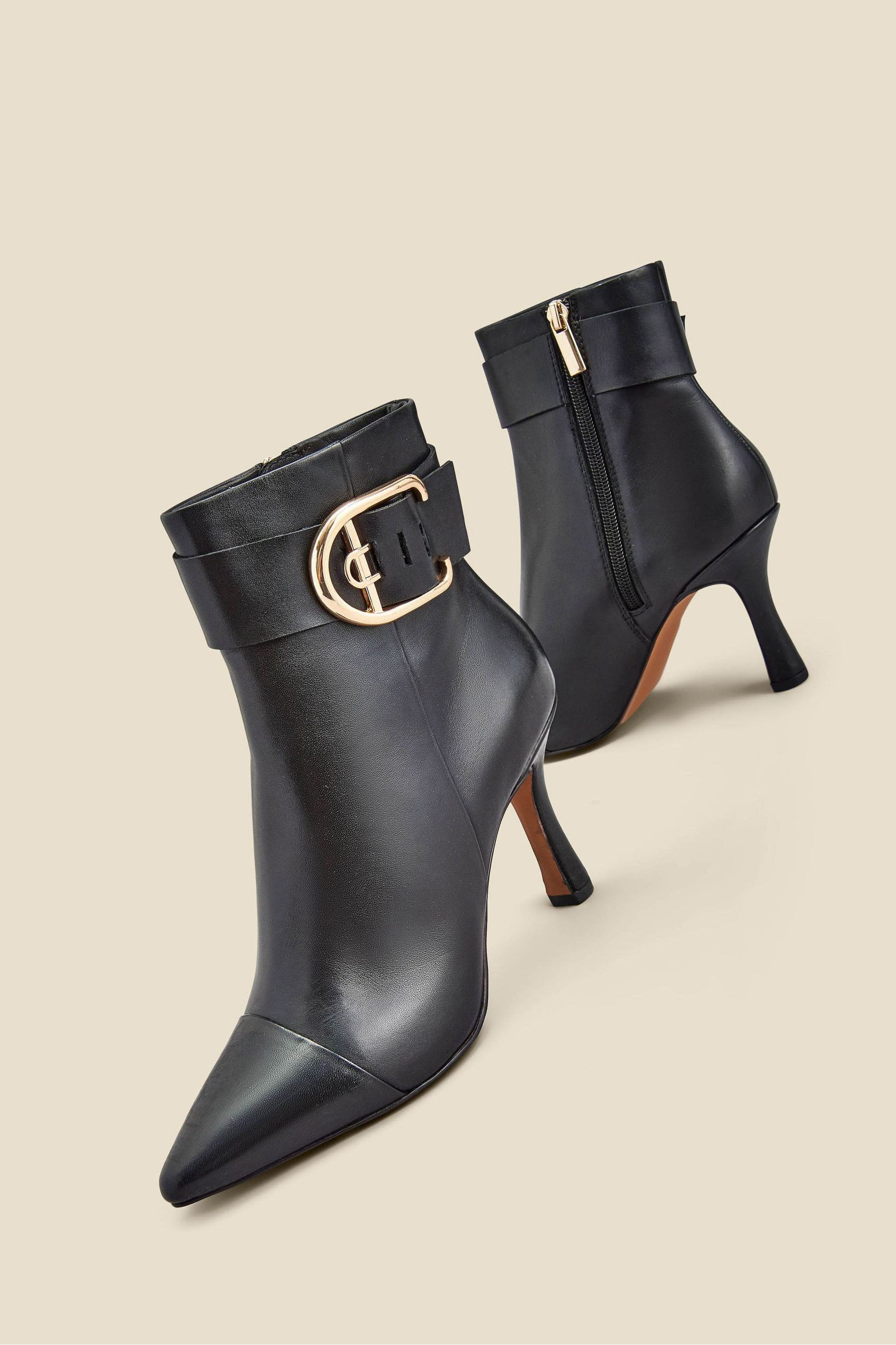 Buy Sosandar Black Leather Buckle Detail Flared Heel Ankle Boots