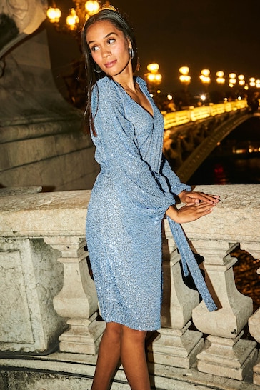 Sosandar Blue Sequin Relaxed Glamour Stretch Dress