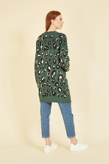 Yumi Green Long Animal Print Intarsia Knit Cardigan