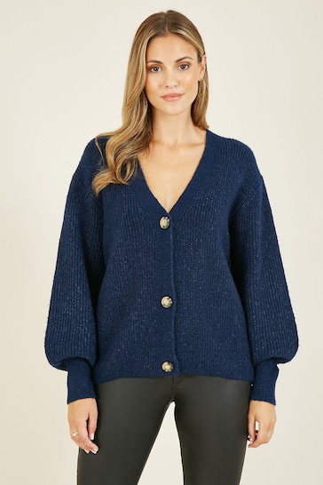 Yumi Blue Button Front Knitted Cardigan