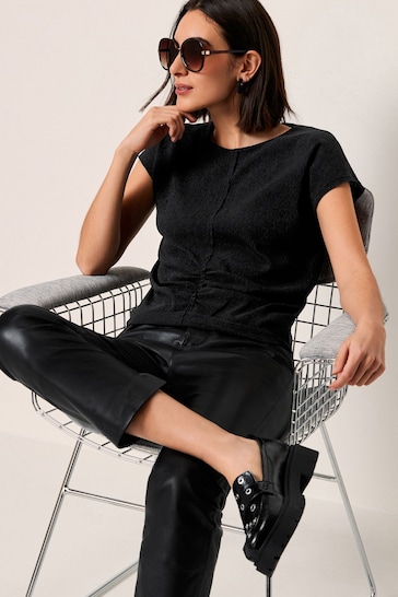 Black Short Sleeve Ruched Front Textured T-Shirt
