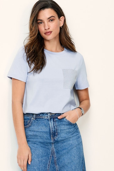 Light Blue Short Sleeve Embellished Pocket T-Shirt
