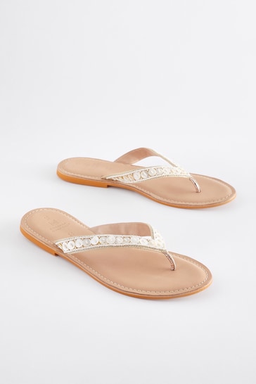 Cream Regular/Wide Fit Forever Comfort® Leather Embellished Toe Thong Sandals