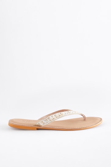 Cream Regular/Wide Fit Forever Comfort® Leather Embellished Toe Thong Sandals